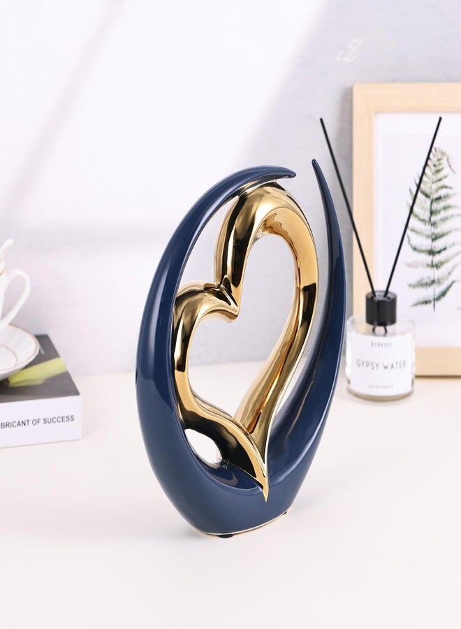 oliruim Ceramic Heart Decor Love Statue, Navy Blue Gold Double Hearts Sculptures for Home Table Centerpiece Decor, Valentine, Wedding, Decorative Items for Shelves, Coffee Table Decor (Hug Heart-Round) - Image 2